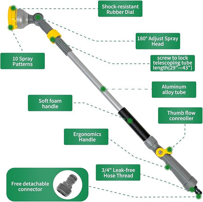 29”-43”Long Telescopic Tube Metal Watering Wand,Water Hose Sprayer Nozzle,180° Swivel Head|10 Spray Patterns|Flow Control, Perfect Garden Hose Wand to Water Hanging Baskets, Shrubs