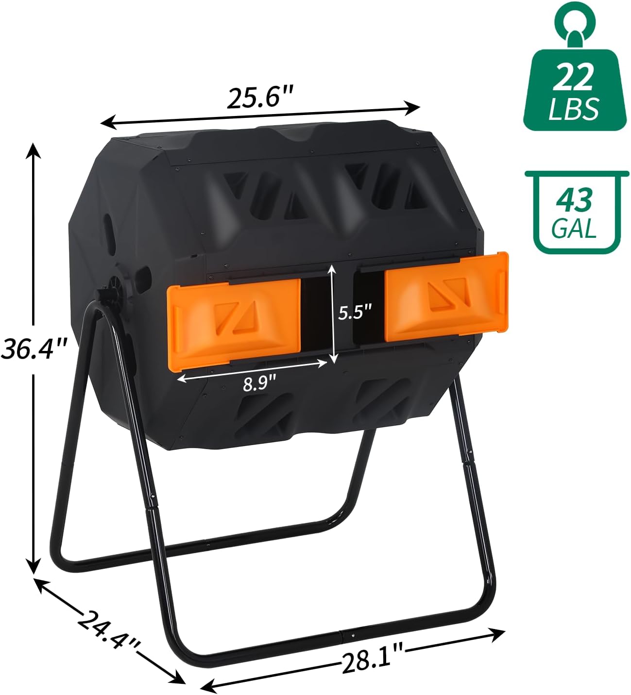 Outdoor Compost Bin 43 Gallon, Dual Chamber Tumbling Composter, Heavy-Duty Composting Bin for Garden, Kitchen, Yard, Kitchen Composter, Compost Bin Outdoor with Sliding Doors (Orange)