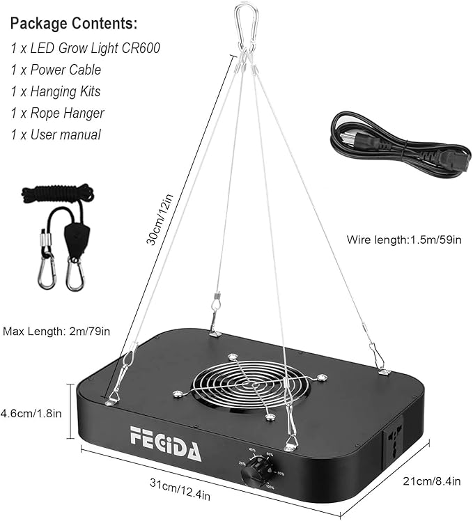 FECiDA 600W Equivalent LED Grow Light, 65W True Power Full Spectrum Plant Light, 0–100% Dimmable, Daisy Chain, Quiet Cooling Fan for Indoor Plants Seedling Veg Bloom