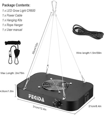 FECiDA 600W Equivalent LED Grow Light, 65W True Power Full Spectrum Plant Light, 0–100% Dimmable, Daisy Chain, Quiet Cooling Fan for Indoor Plants Seedling Veg Bloom