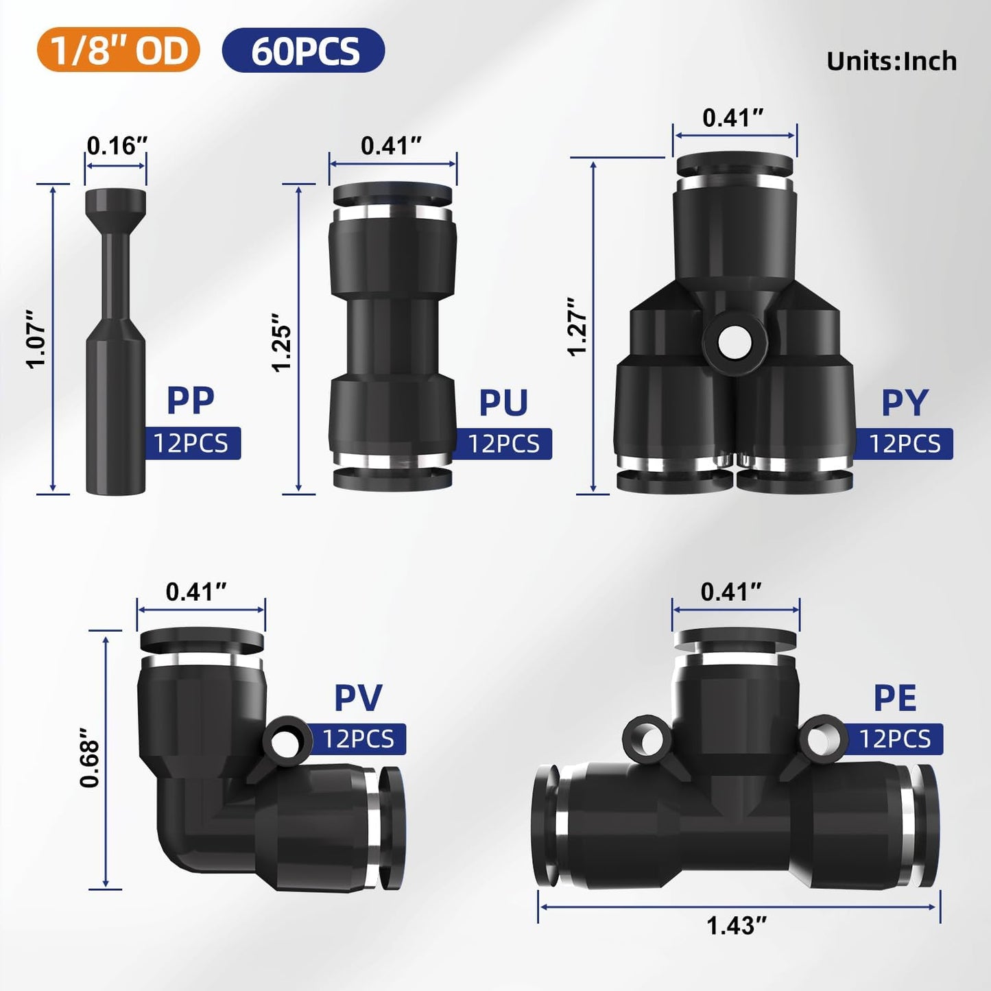 60pcs 1/8" Push to Connect Fittings, 1/8 inch OD Air Hose Tubing Air Line Fittings Pneumatic Quick Connects Kit (Tee, Straights, Elbows, Splitters,Plugs)