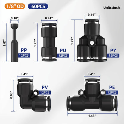 60pcs 1/8" Push to Connect Fittings, 1/8 inch OD Air Hose Tubing Air Line Fittings Pneumatic Quick Connects Kit (Tee, Straights, Elbows, Splitters,Plugs)