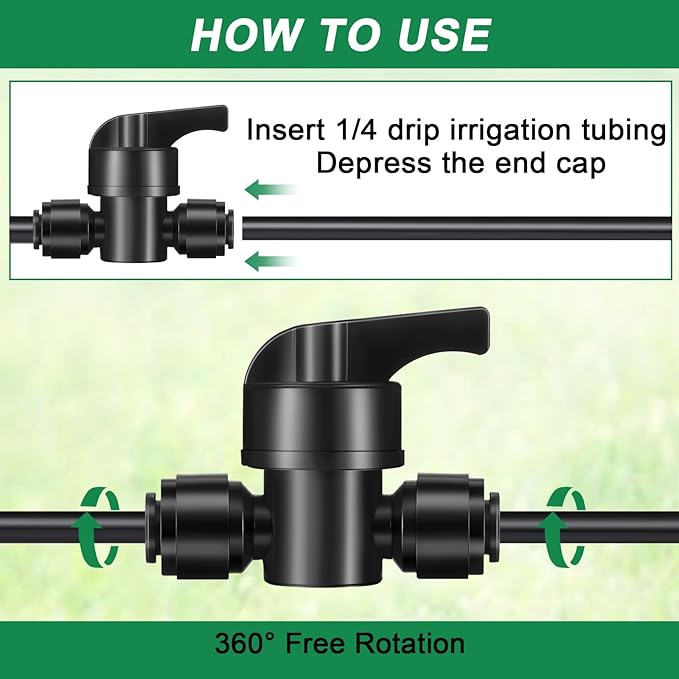 30 Pcs 1/4" Drip Irrigation Tee Connectors for Tube Quick Connect Parts Fittings for 1/4 Inch(6.35mm) Irrigation Tubing or Sprinkler(Black,Shut Off Ball Valve)