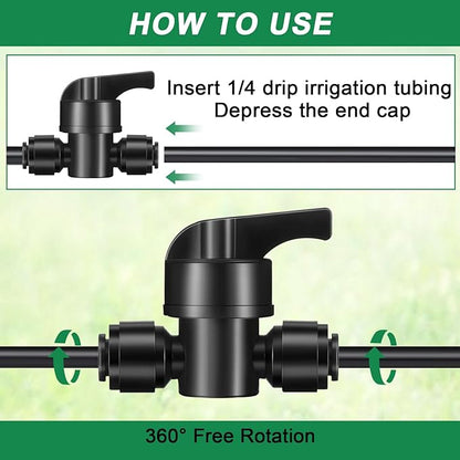 30 Pcs 1/4" Drip Irrigation Tee Connectors for Tube Quick Connect Parts Fittings for 1/4 Inch(6.35mm) Irrigation Tubing or Sprinkler(Black,Shut Off Ball Valve)