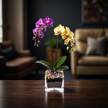 Live Purple and Yellow Double Stem Phalaenopsis Orchid Plant with Citrine and Amethyst - Premium Dual-Color Flowering Houseplant, Easy Care Live Plant