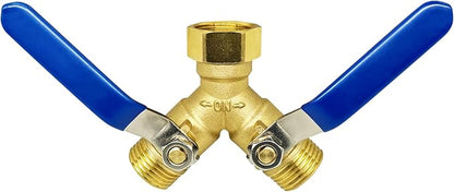 Brass Garden Hose Splitter 2 Way Heavy Duty，with 304 Stainless Steel Long Handle，Brass Y Valve Water Garden Hose Adapter 2 Way Y Valve 3/4" GHT Thread