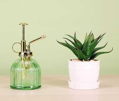 Glass Plant Mister Spray Bottle, 6.5" Green Glass Water Spray Bottle with Gold Top Pump Small Watering Can, Small Plant Sprayer Mister for Indoor Outdoor House (Green+Gold A)