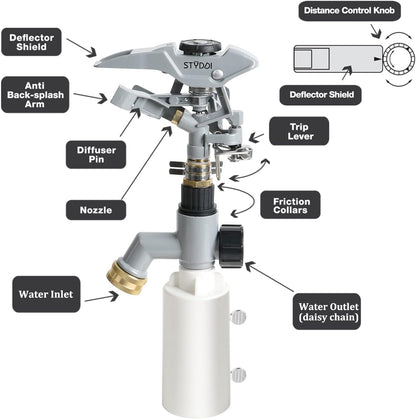 STYDDI T-Post Fence Sprinkler, Metal Impact Sprinkler Head on Fence T-Post Base with Flow Through, Irrigation Zinc-Alloy Adjustable T-Post Impulse Sprinkler