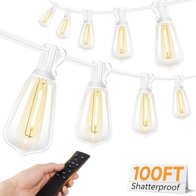 Brightever 100FT Outdoor String Lights with Remote, Dimmable LED Patio Lights with 32 ST38 Shatterproof Vintage Bulbs, 2700K Warm White 3 Modes 2 Timer Outside Light for Yard, Deck, Cafe, White