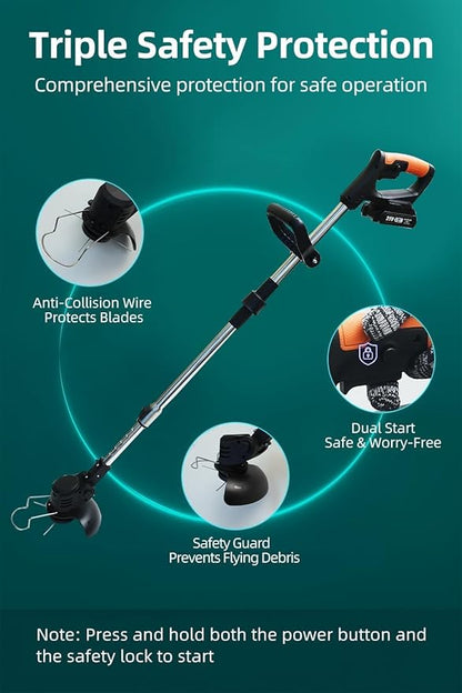 Cordless String Trimmer, Weed Wacker, Nylon Trimmer Head as Its Core Cutting Accessory, Telescopic Shaft and Foldable, 2 x Batteries, String Trimmer Cordless, Black