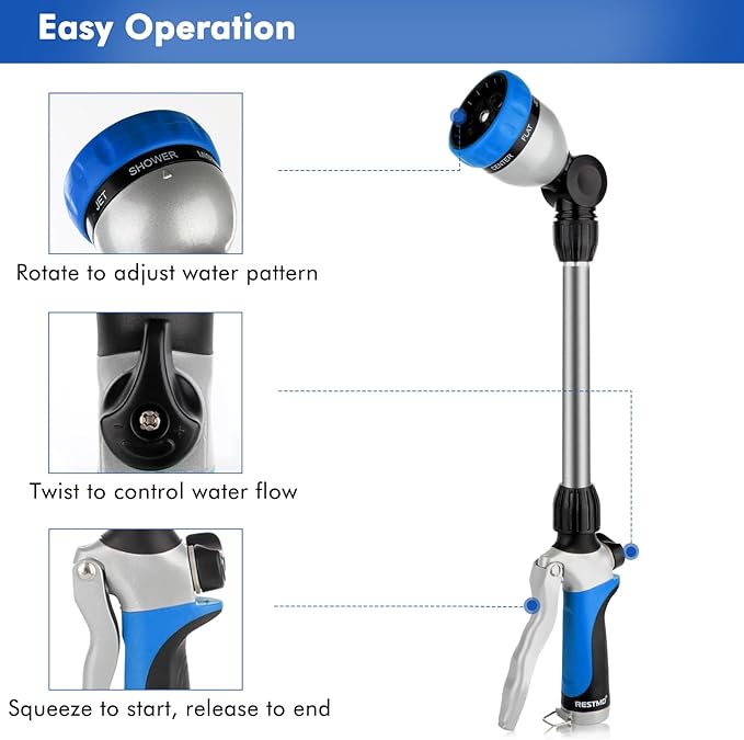 RESTMO Metal Watering Wand, Heavy Duty Garden Hose Wand with 180° Swivel Ratcheting Head, 16'' Hose Nozzle Sprayer with 7 Spray Patterns and Flow Control, for Water Hanging Baskets and Shrubs, Blue