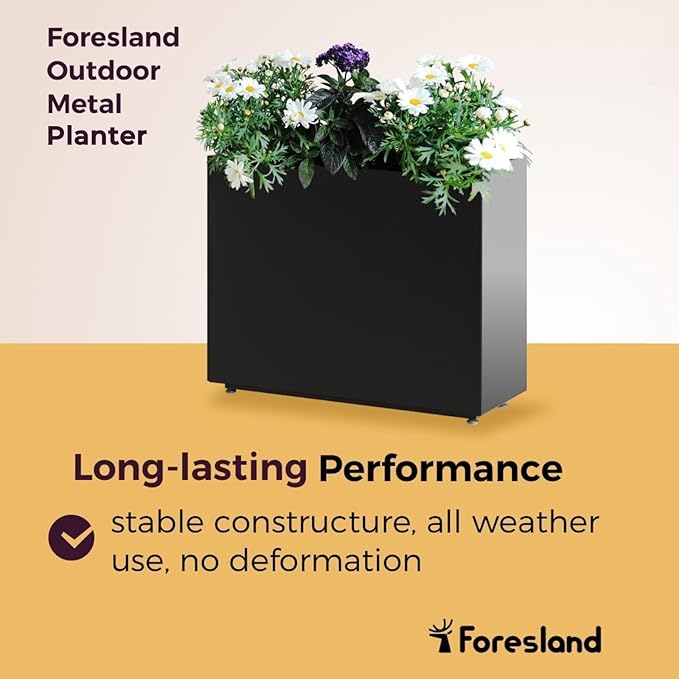 Tall & Long Metal Divider Planter 30W x 11D x 24H, Easy 5-Min Assembly, Outdoor Span Rectangular Planter Box with with Middle Shelf & Adjustable Feet, Versatile for Garden, Yard and Patio, Black