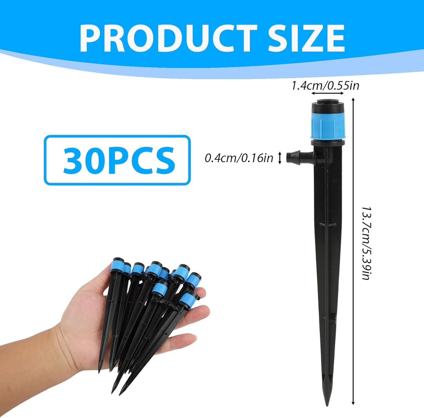 30PCS 1/4 Drip Irrigation Emitters with 6 inch Stakes - Adjustable 360 Degree Vortex Push-to-Connect Drippers for Precision Plant Watering Garden, Greenhouse Micro Irrigation Systems Kits