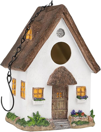 Rustic Cottage Birdhouse with Thatch Roof – Hand-Painted Resin Outdoor Bird House for Small Birds, Weatherproof Garden Decor for Backyard or Patio