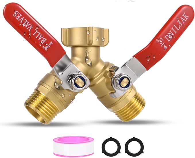 Garden Hose Splitter Way Heavy Duty, Brass Water Hose Splitter With 304 Stainless Steel Long Handle, 3/4 Inch GHT Thread Hose Y Splitter With Shutoff Hose Splitter Adapter (Include Teflon Tape)