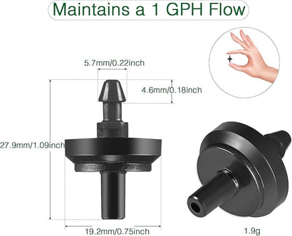 1 GPH Irrigation Drippers & Drip Emitters Maintain Constant Flow, 1 GPH Pressure Compensating Drippers, 1 GPH Inline Drippers & Drip Irrigation Emitters, 50 Per Bag, Black