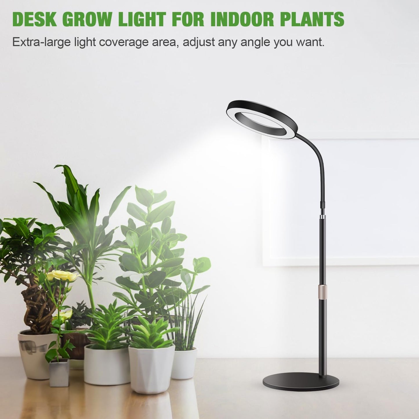 Garpsen Grow Lights for Indoor Plants, 80 LEDs Full Spectrum Desk Plant Light with Timer for 6H/12H/16H, 5 Dimmable Levels & Flexible Gooseneck 6000K Grow Lamp with Base, Height Adjustable 16.5-25"