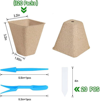 120 Packs Starter Plant pots, 3.2 inch Seedling Plant Pot Kit for Garden Nursery Seed Starter, Plant Garden Germination Pot with 20 Plant Labels and 2 Transplant Tools