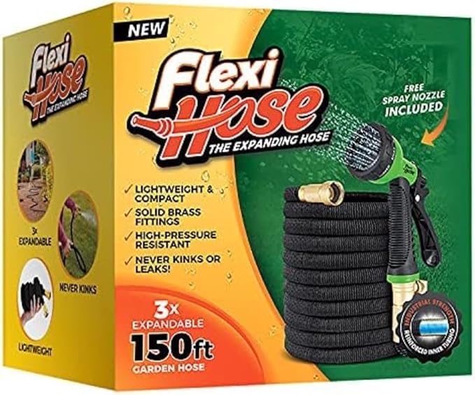 Flexi Hose Lightweight Expandable Garden Hose, No-Kink Flexibility, 3/4 Inch Solid Brass Fittings and Double Latex Core (150 FT, Black)