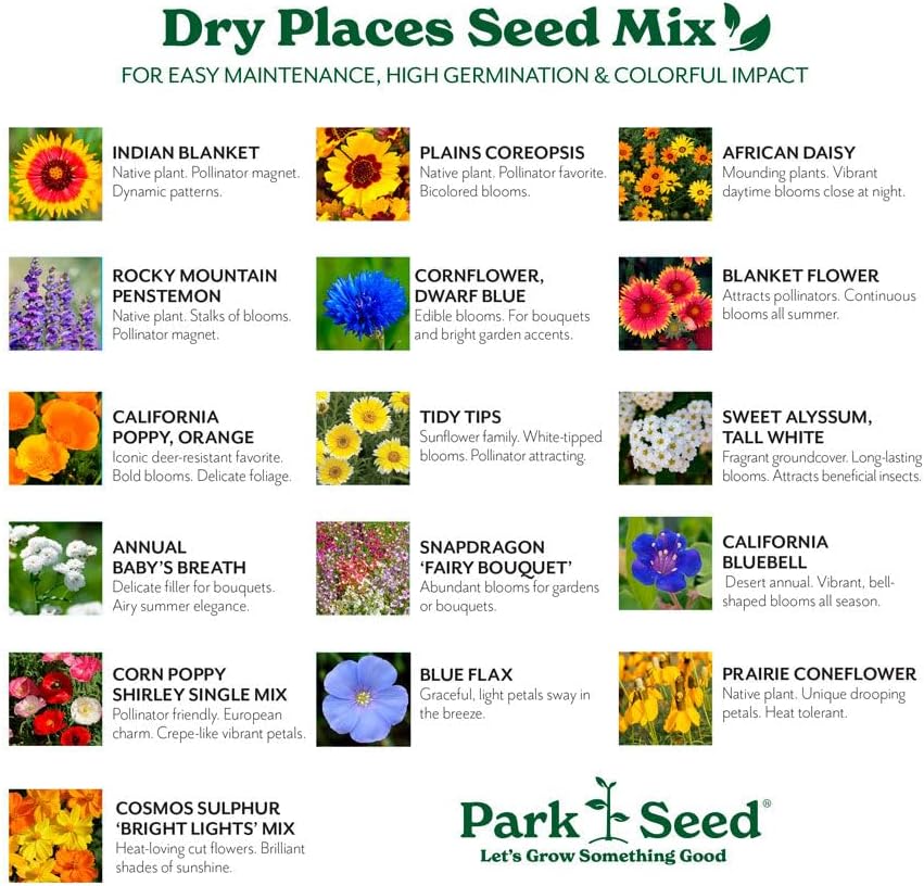 Park Seed Grow Your Own Vibrant Annual and Perennial Wildflower Garden Mixture, Easy to Grow Varieties for Pollinators and Spring Gardens - Dry Places Mix, 50 lbs