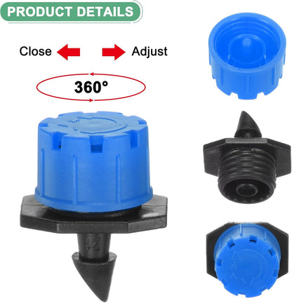 200-Pack 360 Degree Adjustable Irrigation Dripper, 1/4 Inch Barbed Emitter Drip Sprinklers for Garden/Greenhouse/Flower Bed/Watering System, Anti-Clogging Emitters [Blue]