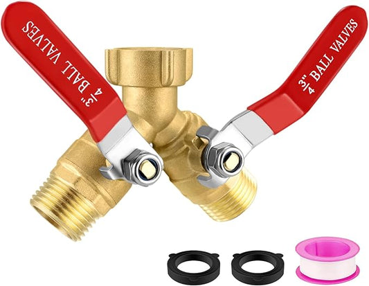 Garden Hose Splitter 2 Way Heavy Duty, Brass Water Hose Splitter with Stainless Steel Long Handle, 3/4 Inch GHT Thread Hose Y Splitter with Shutoff, Faucet Splitter 2 Way with 2 Extra Washers & 1Tape