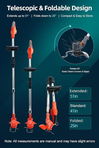 Cordless String Trimmer, Weed Wacker, Nylon Trimmer Head as Its Core Cutting Accessory, Telescopic Shaft and Foldable, 2 x Batteries, String Trimmer Cordless, Red