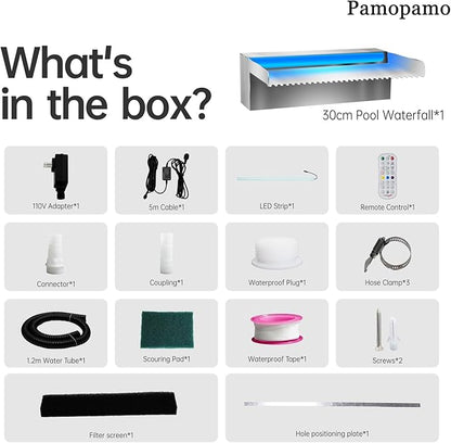 Pool Waterfall Spillway Stainless Steel Koi Pond Fountain, APP Control LED Lighted Waterfalls Kit, Outdoor Water Flow Fountains for Garden Swimming Pool Decoration-11.8"x7.8"x3.9"