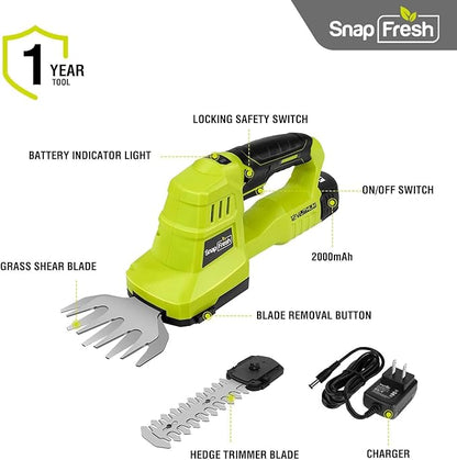 SnapFresh 12V Cordless Grass Shears & Hedge Trimmer, 2 in 1 Handheld Bush Trimmer & Grass Cutter with 2.0Ah Battery & Charger Included, Lightweight Electric Shrubbery Trimmer for Garden & Lawn
