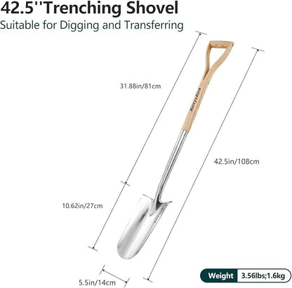 Berry&Bird Trenching Shovel, Garden Drain Spade Shovel with Wood Handle, 42.5" Stainless Steel Gardening Planting Spade, Heavy Duty Root Cutter Shovel Trench Shovel for Digging Transplanting & Edging