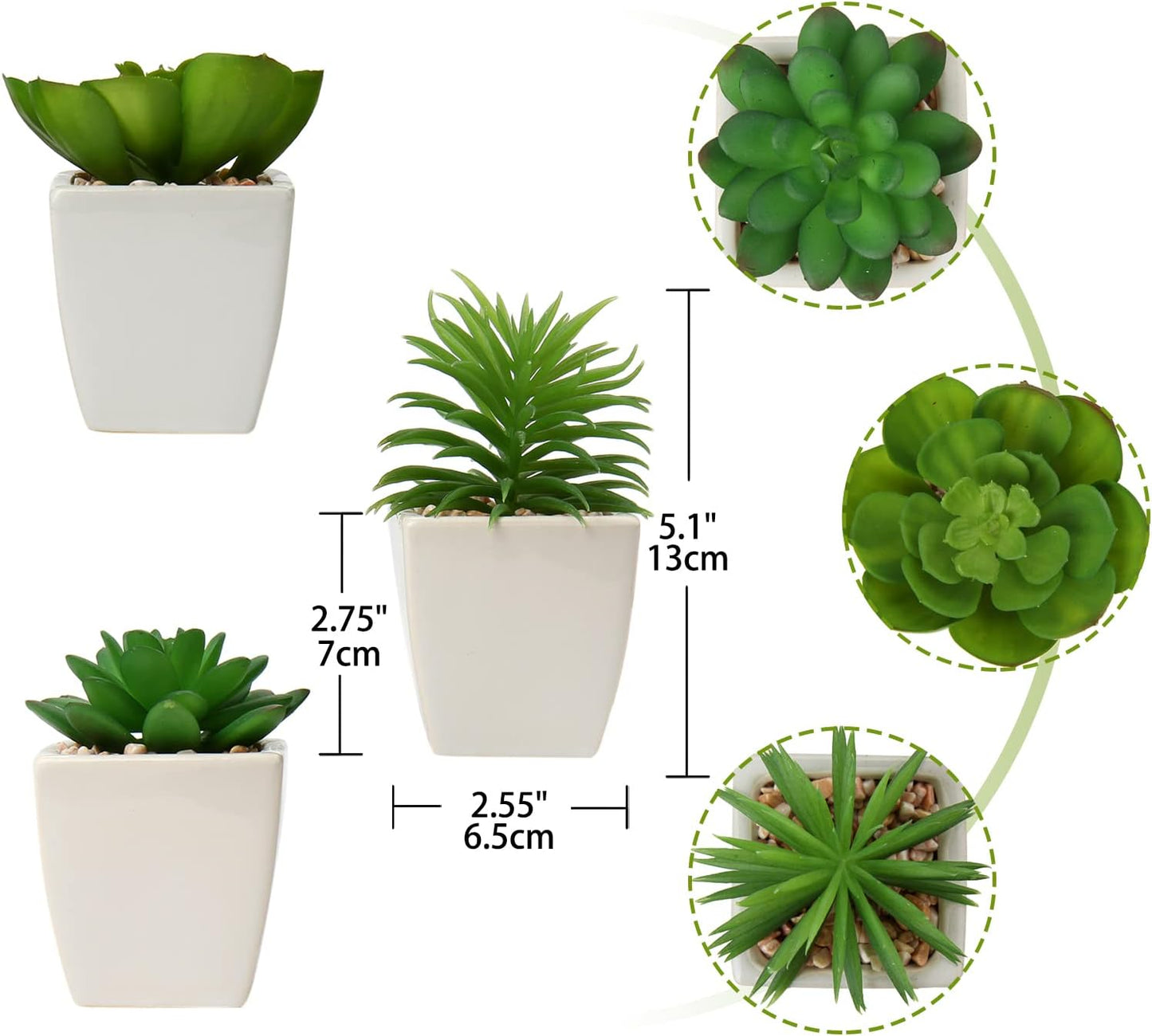 Hollyone Succulents Plants Artificial 3Pcs Small Fake Succulents in Pots Faux Plastic Potted Plants with White Ceramic Pot for Home Decor Classroom Office Bathroom Shelf Indoor & Outdoor Decorations