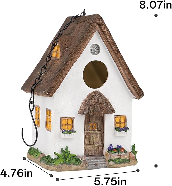 Rustic Cottage Birdhouse with Thatch Roof – Hand-Painted Resin Outdoor Bird House for Small Birds, Weatherproof Garden Decor for Backyard or Patio
