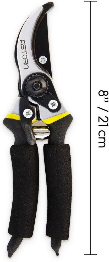 Astorn 8" Premium Bypass Pruning Shears for Gardening - Heavy Duty, Ultra Sharp Garden Shears w/Ergonomic Soft Grip Handle - Made with High-Grade Carbon Steel - Ideal for Cutting, Gardening & Trimming