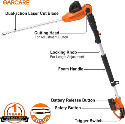 GARCARE Hedge Trimmers Cordless with Battery - Pole Hedge Trimmer with 20V 4.0Ah Li-Ion Battery & Quick Charger, 450mm Laser Cut Blade