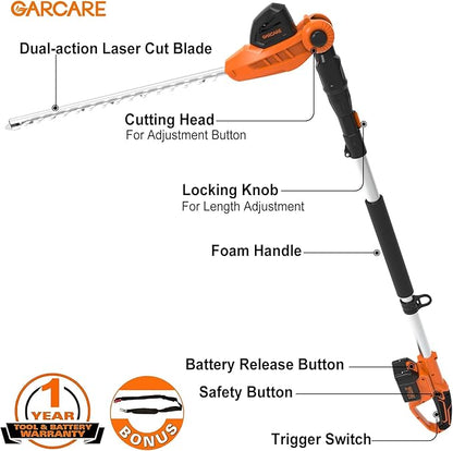 GARCARE Hedge Trimmers Cordless with Battery - Pole Hedge Trimmer with 20V 4.0Ah Li-Ion Battery & Quick Charger, 450mm Laser Cut Blade
