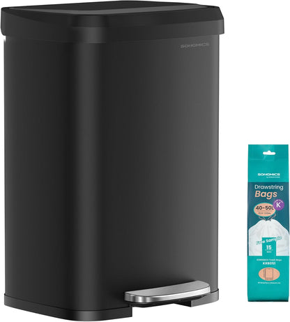 SONGMICS Kitchen Trash Can, 13 Gallon (50 L) Stainless Steel Garbage Can, with Stay-Open Lid and Step-on Pedal, Soft Closure, Tall, Large and Space-Saving, Black ULTB530B50