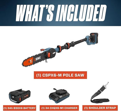 SENIX 10" Cordless Pole Saw, X6 60V Max 3.0Ah Battery Powered Pole Saw with 14ft Reach Carbon Fiber Telescoping Pole, 65.5ft/s Cutting Speed for Pruning and Trimming Branches(CSPX6-M)