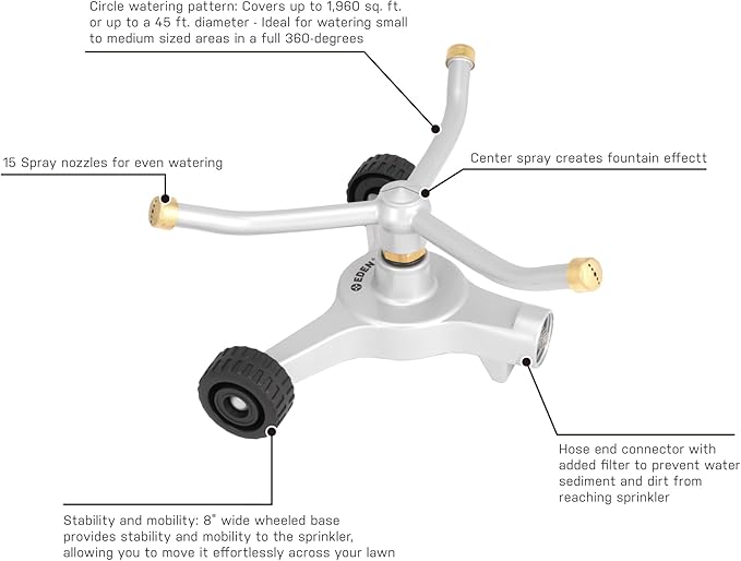 Eden 94129 Metal 3-Arm Revolving Sprinkler on Wheel Base W/Quick Connect Starter Set, Heavy Duty, Garden Hose Sprinkler, Lawns, Circular, Coverage up to 1390 sq.ft