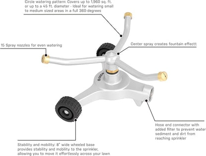 Eden 94129 Metal 3-Arm Revolving Sprinkler on Wheel Base W/Quick Connect Starter Set, Heavy Duty, Garden Hose Sprinkler, Lawns, Circular, Coverage up to 1390 sq.ft