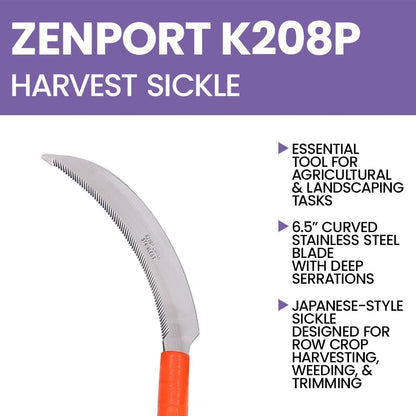 Zenport K208P Harvest Sickle with Plastic Handle, Light Serration, 6.5-Inch Stainless Steel Blade , Orange