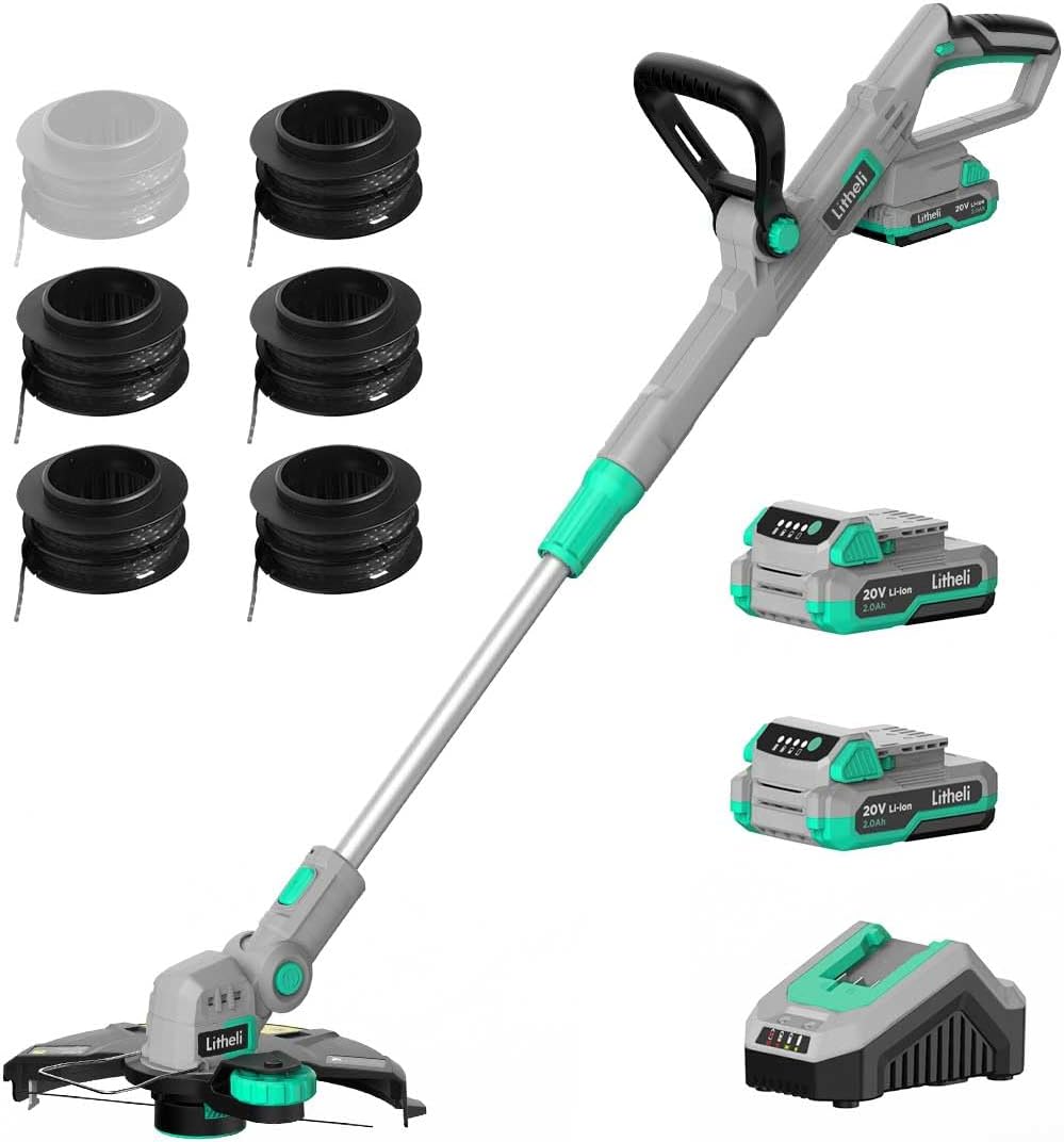Litheli 20V 12 Inch Cordless String Trimmer/Edger, 2 X 2.0Ah Battery Powered Weed Eater with Auto-Feed for Lawn Trimming/Edging, with 6 Pcs Grass Cutter Spool Line, Fast Charger Included