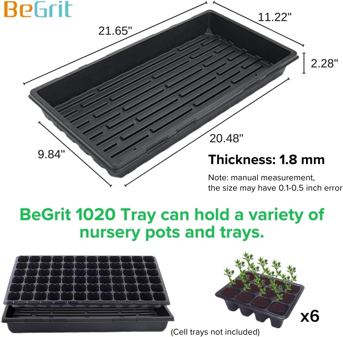 BeGrit 1020 Trays Thickened Nursery Plant Trays Seedling Tray Seed Starter Tray Microgreen Growing Tray No Drain Holes -6 Pack