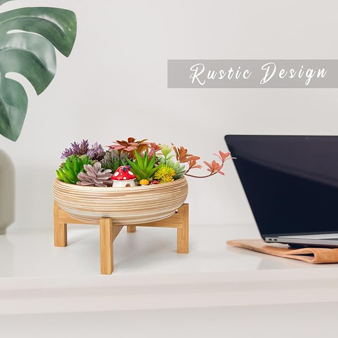 ARTKETTY Succulent Pots - 10 Inch Large Bonsai Pots with Drainage Stand, Ceramic Plant Pots Shallow Succulent Planters for Indoor Plants Decorative Cactus Flower Planter Bowl