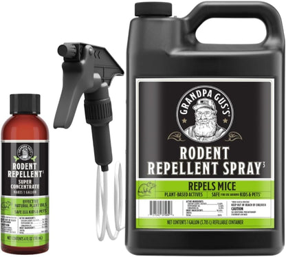Grandpa Gus's Rodent Repellent Bundle: 1 Gallon Ready-to-Use Spray with Sprayer and 4 oz Super Concentrate (Makes 1 Gallon) for Natural and Effective Rodent Defense in Home and Garage