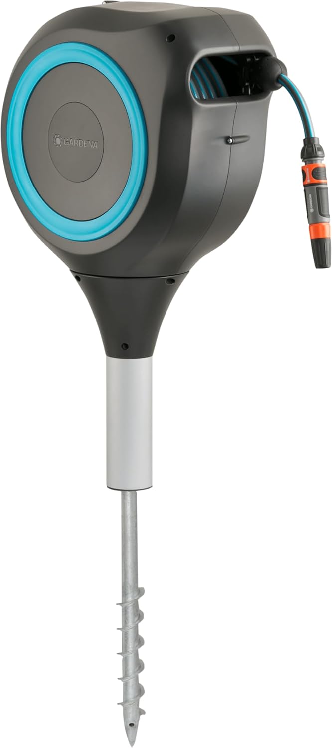 GARDENA 18614 | 66' x 1/2" Automatic Retractable Garden Hose Reel on Metal Spike, Outside Garden Hose with 360° swivel. No Holes in your house, Easy Installation, No Tools Required