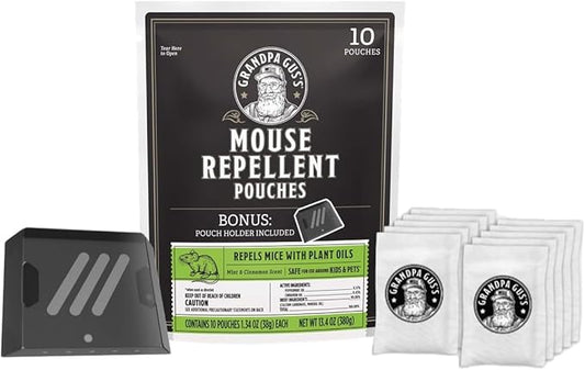 Grandpa Gus's Extra-Strength Mouse Repellent with Bonus Pouch Holder, Cinnamon/Peppermint Oils Repel Mice from Nesting & Freshen Air in Car/RV/Boat/Garage/Shed/Cabin, 1.75 Oz (10 Pouches)