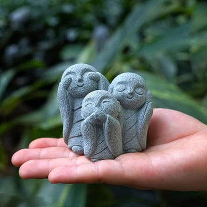 OwMell 3 Japanese Jizo Statue Stone Japanese Buddha Jizo Monk Statue Figurine Memorial Statue Aquarium Decoration Garden Outdoor Ornament 3"" - No Evil, Gray