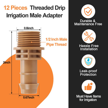 12 Pieces 1/2 Inch PVC to 1/2 Inch Drip Irrigation Adapter Fittings, 1/2" Male Pipe Thread(MPT) x 1/2" Drip Line Barbed Coupling Connectors 1/2-in PVC to 1/2-in Poly Tubing Adapter