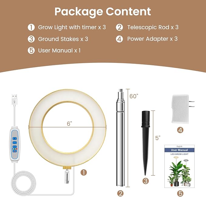 Grow Light, Full Spectrum LED Plant Lighs for Indoor Growing with 6/12/16H Timer, 3 Color Modes, 5 Brightness, 10"-60" Height Adjustable Plant Grow Lamp for Tall Indoor Plants (3 Pack)