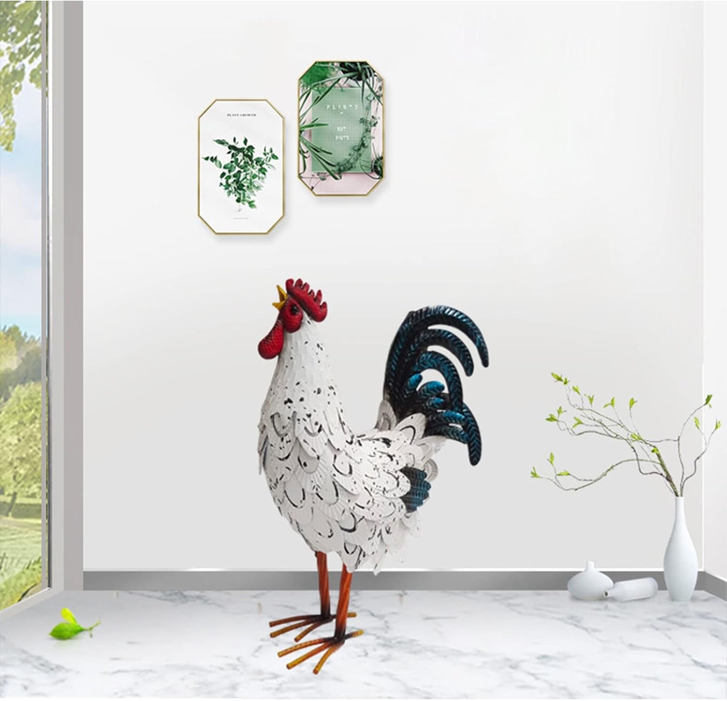 Metal Rooster Decor， Chicken Animal Yard Art Lawn Ornament Figurines Artwork for Outdoor, Patio,Backyard and Home Kitchen Decoration (White)